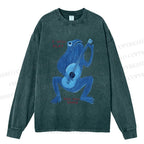 Unisex Casual Washed Blue Frog I Can Play You Can Dance Printed Long Sleeve T-shirt