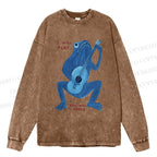 Unisex Casual Washed Blue Frog I Can Play You Can Dance Printed Long Sleeve T-shirt