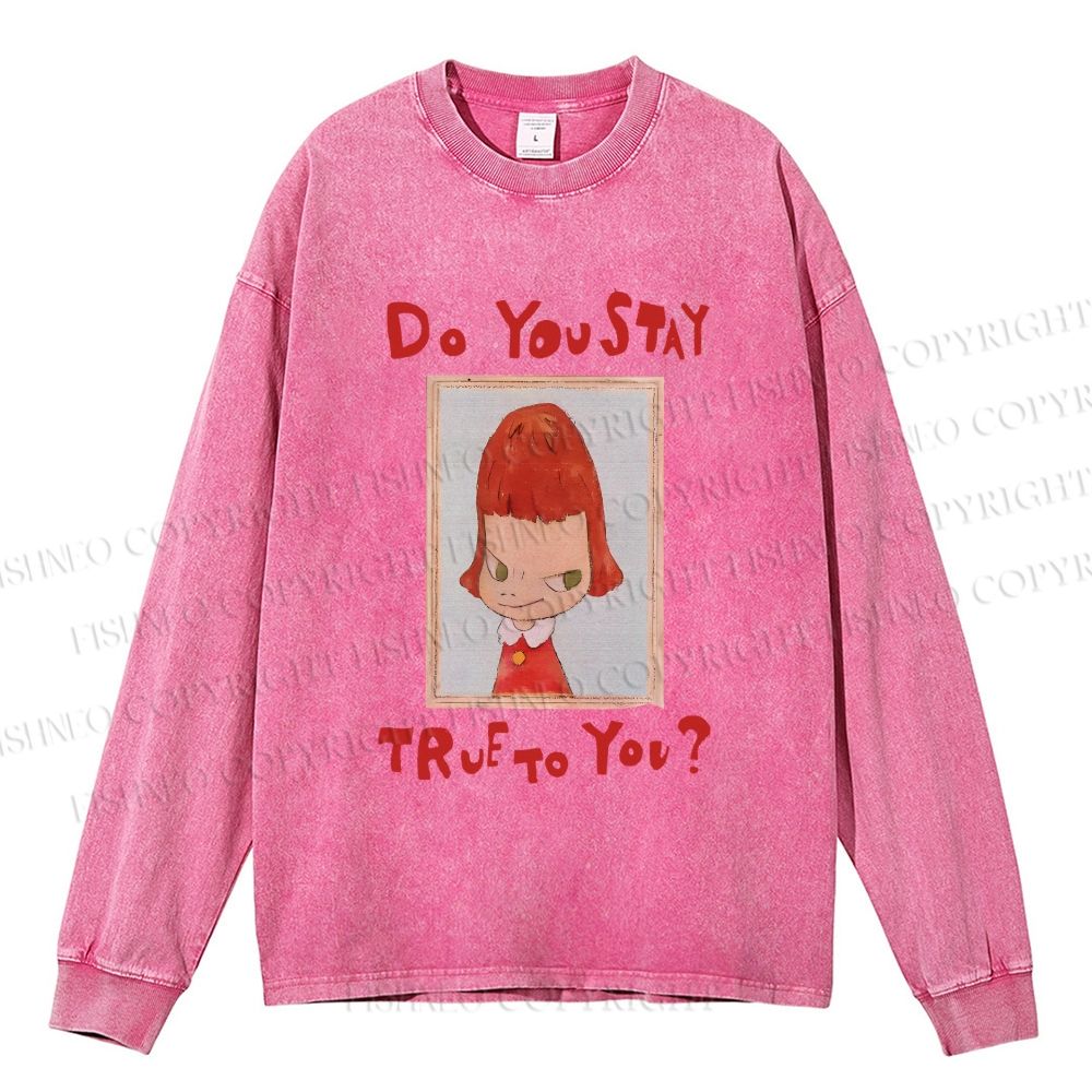 Unisex Casual Washed Japanese Art Yoshitomo Nara Do You Stay True To You Printed Long Sleeve T-shirt 25090