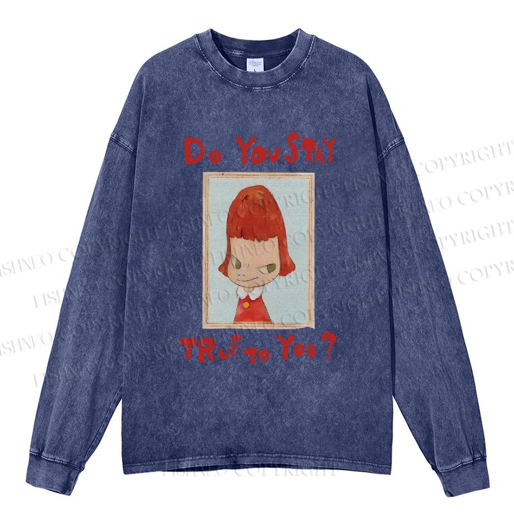 Unisex Casual Washed Japanese Art Yoshitomo Nara Do You Stay True To You Printed Long Sleeve T-shirt 25090
