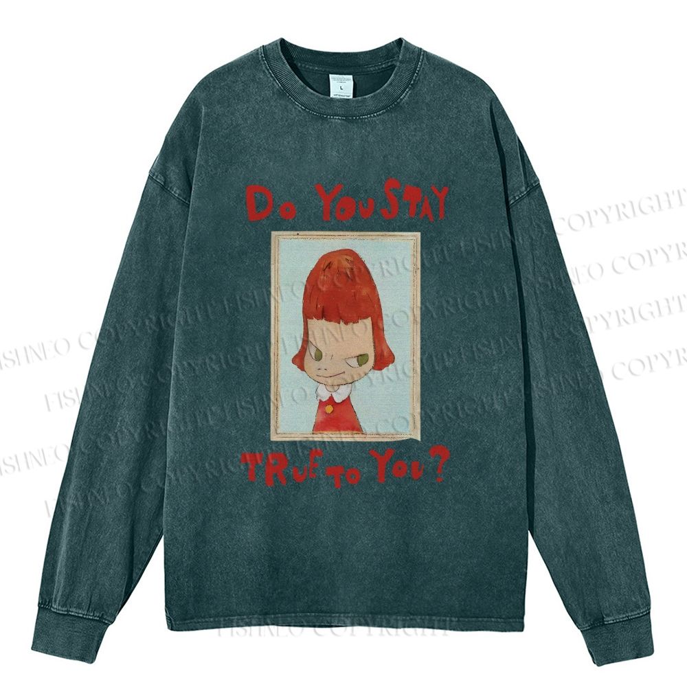 Unisex Casual Washed Japanese Art Yoshitomo Nara Do You Stay True To You Printed Long Sleeve T-shirt 25090