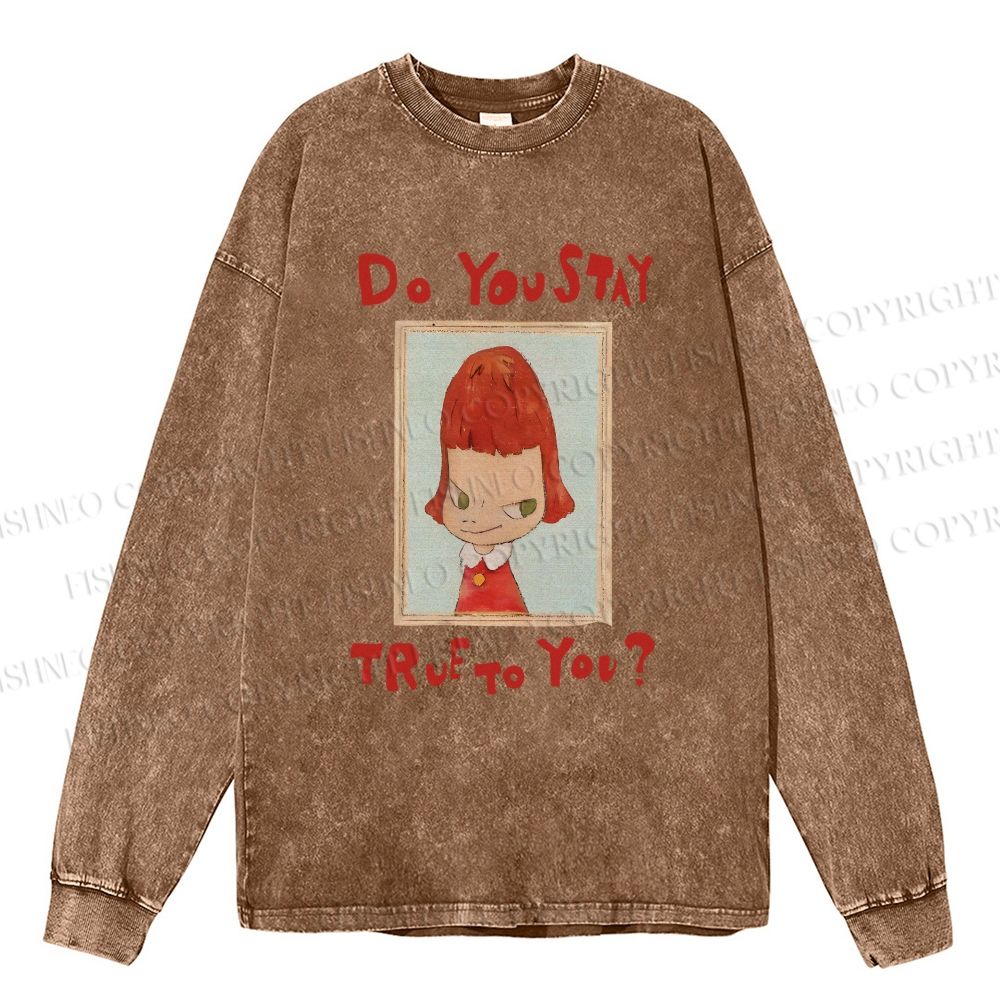 Unisex Casual Washed Japanese Art Yoshitomo Nara Do You Stay True To You Printed Long Sleeve T-shirt 25090
