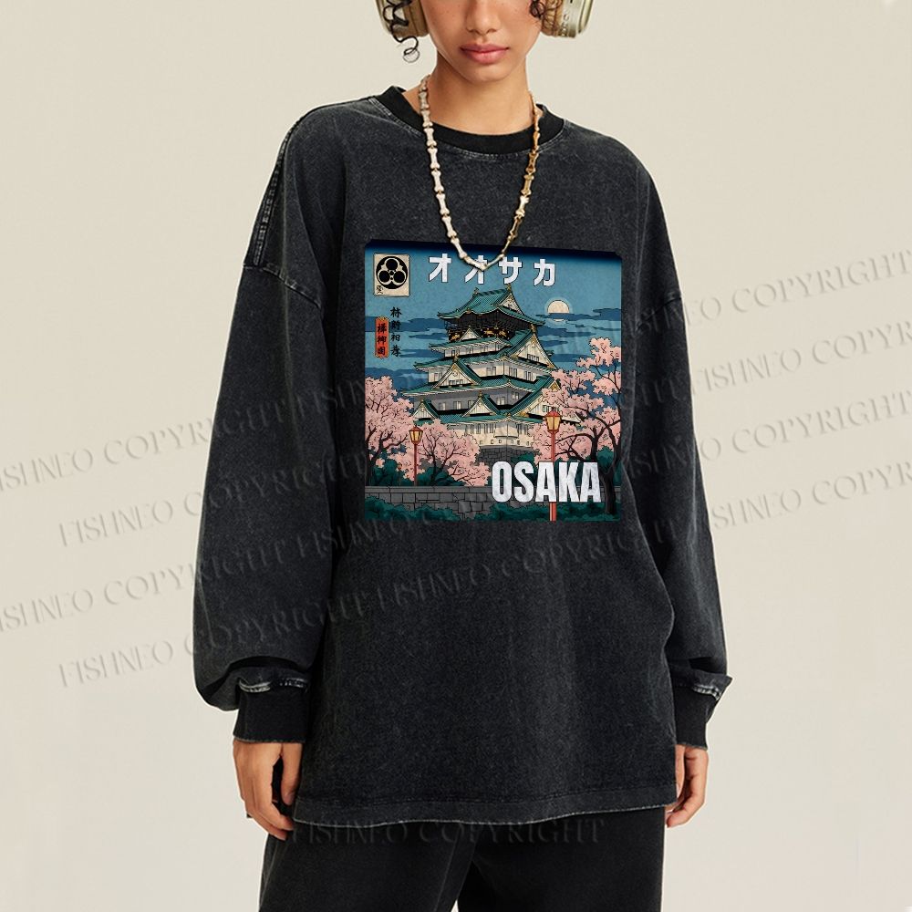Unisex Casual Washed Japanese Art Osaka Printed Long Sleeve T-shirt