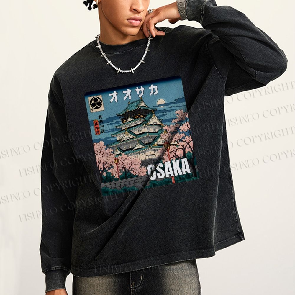 Unisex Casual Washed Japanese Art Osaka Printed Long Sleeve T-shirt