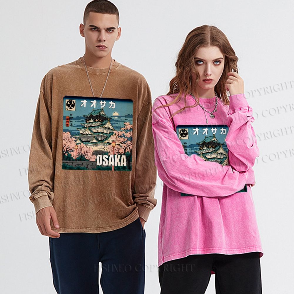 Unisex Casual Washed Japanese Art Osaka Printed Long Sleeve T-shirt