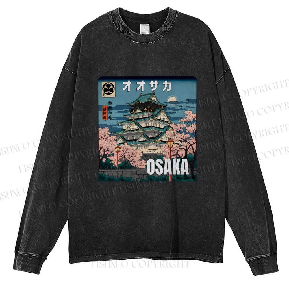 Unisex Casual Washed Japanese Art Osaka Printed Long Sleeve T-shirt