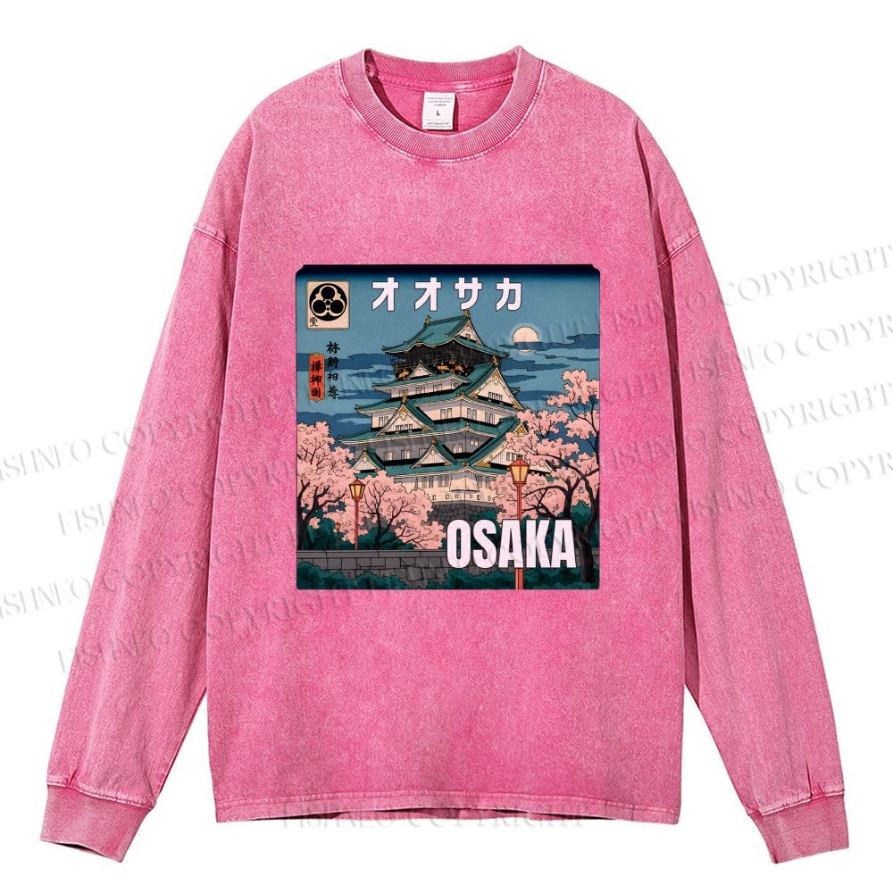 Unisex Casual Washed Japanese Art Osaka Printed Long Sleeve T-shirt