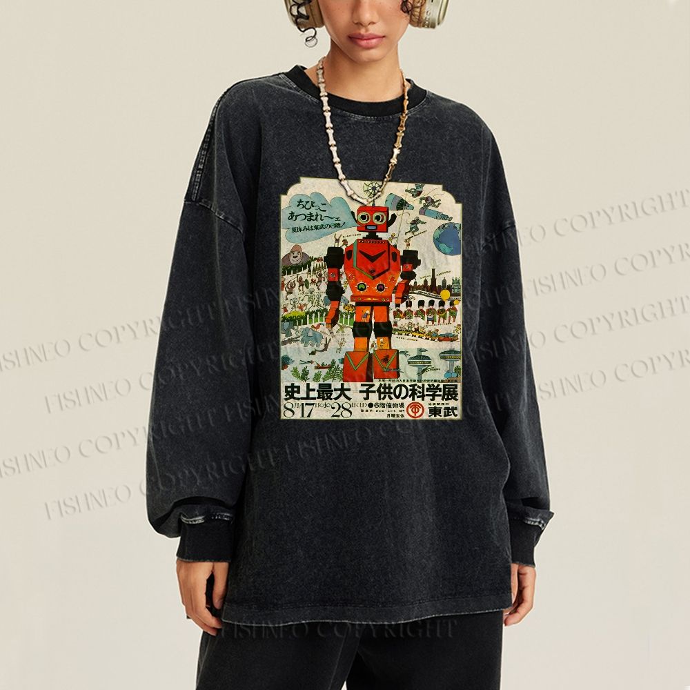 Unisex Casual Washed Vintage Japanese Robot Poster Printed Long Sleeve T-shirt