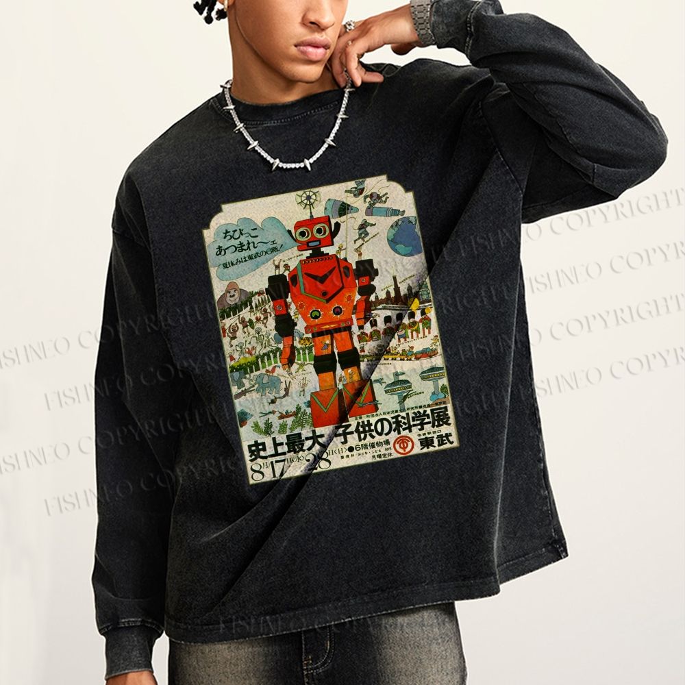 Unisex Casual Washed Vintage Japanese Robot Poster Printed Long Sleeve T-shirt