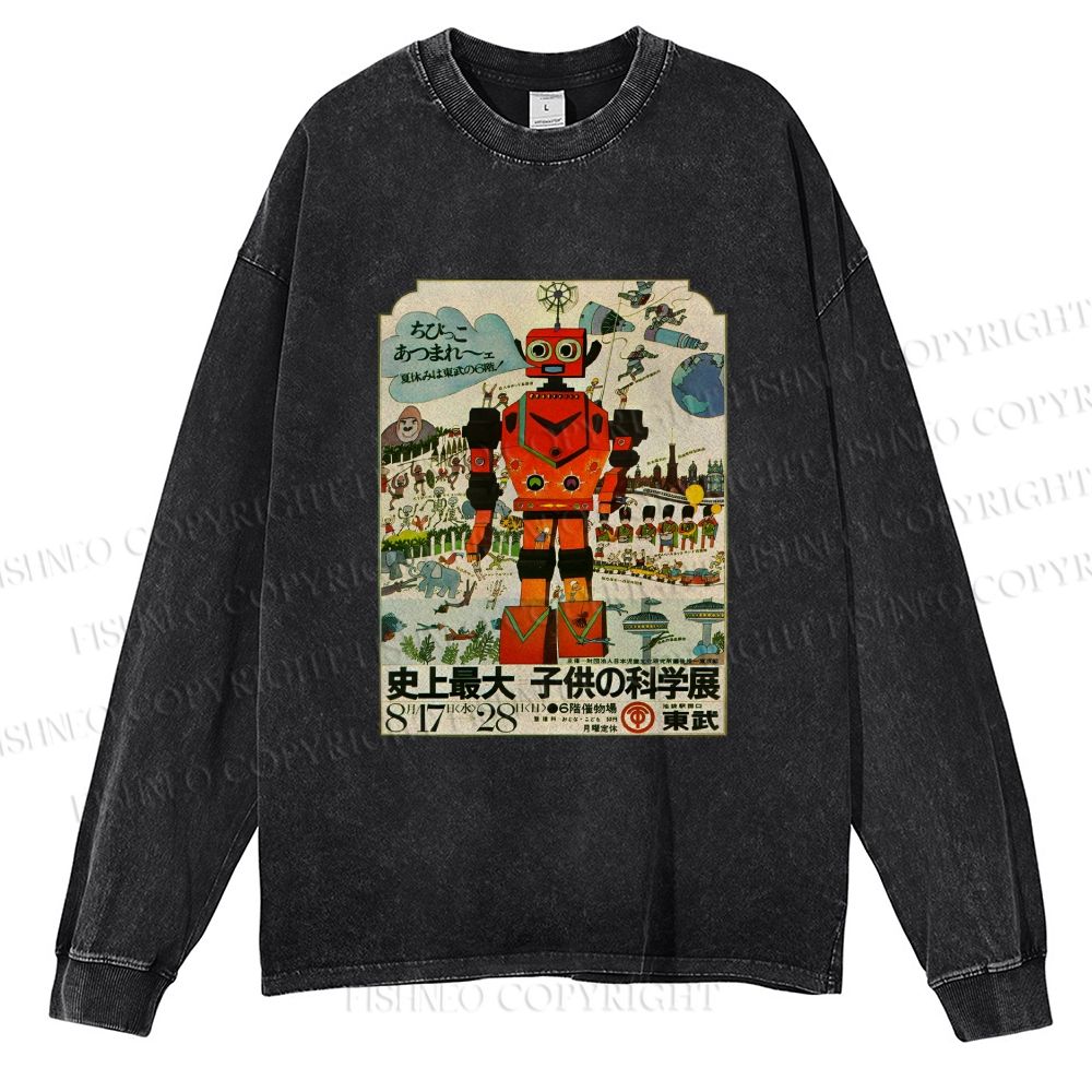 Unisex Casual Washed Vintage Japanese Robot Poster Printed Long Sleeve T-shirt