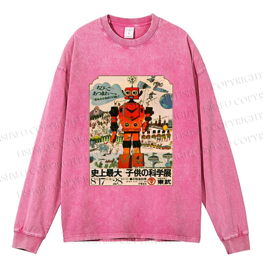 Unisex Casual Washed Vintage Japanese Robot Poster Printed Long Sleeve T-shirt