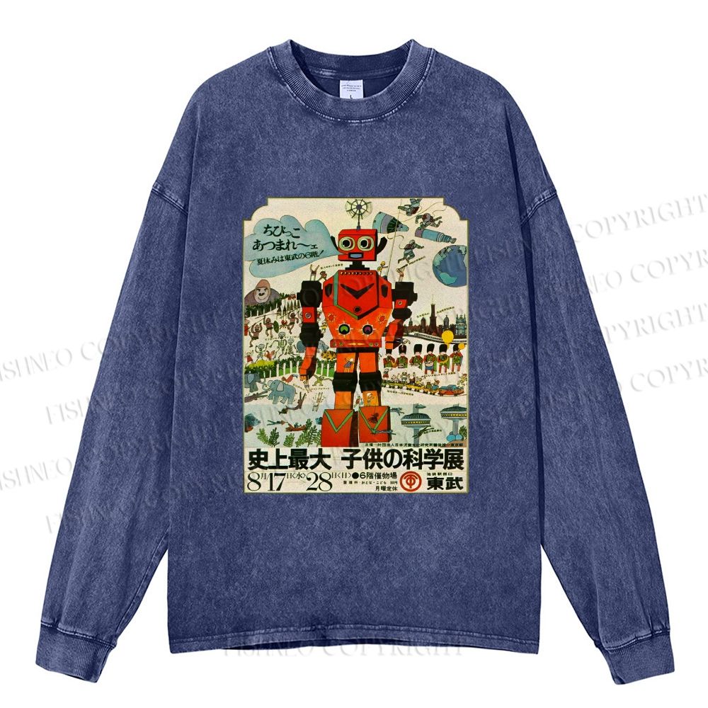 Unisex Casual Washed Vintage Japanese Robot Poster Printed Long Sleeve T-shirt