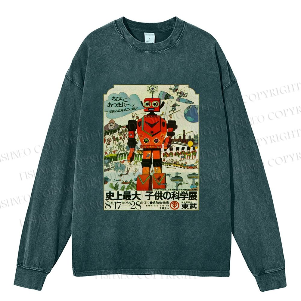 Unisex Casual Washed Vintage Japanese Robot Poster Printed Long Sleeve T-shirt