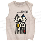 Unisex Bauhaus Cat Design Printed Washed Tank Top