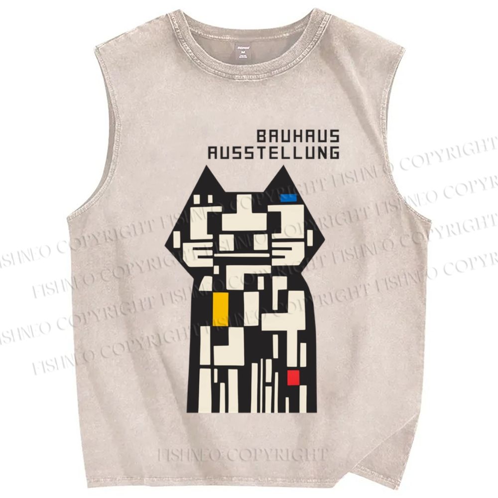 Unisex Bauhaus Cat Design Printed Washed Tank Top