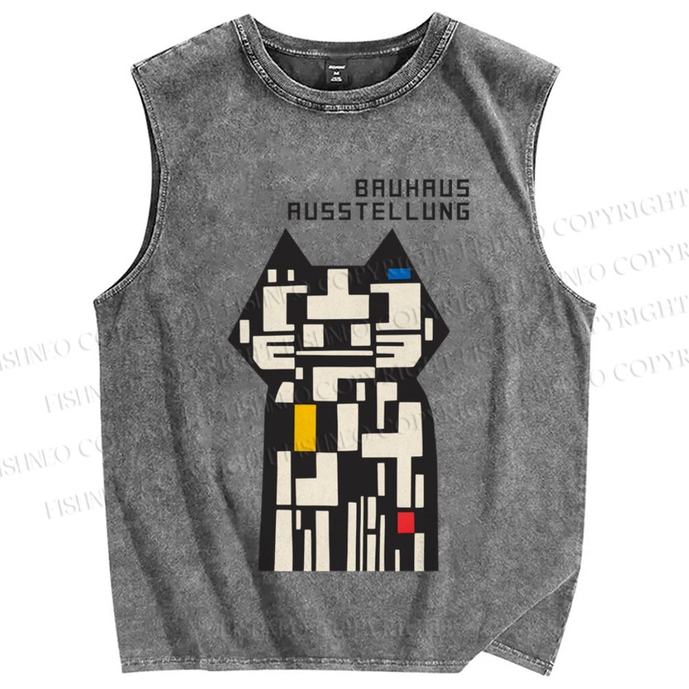 Unisex Bauhaus Cat Design Printed Washed Tank Top