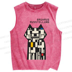 Unisex Bauhaus Cat Design Printed Washed Tank Top