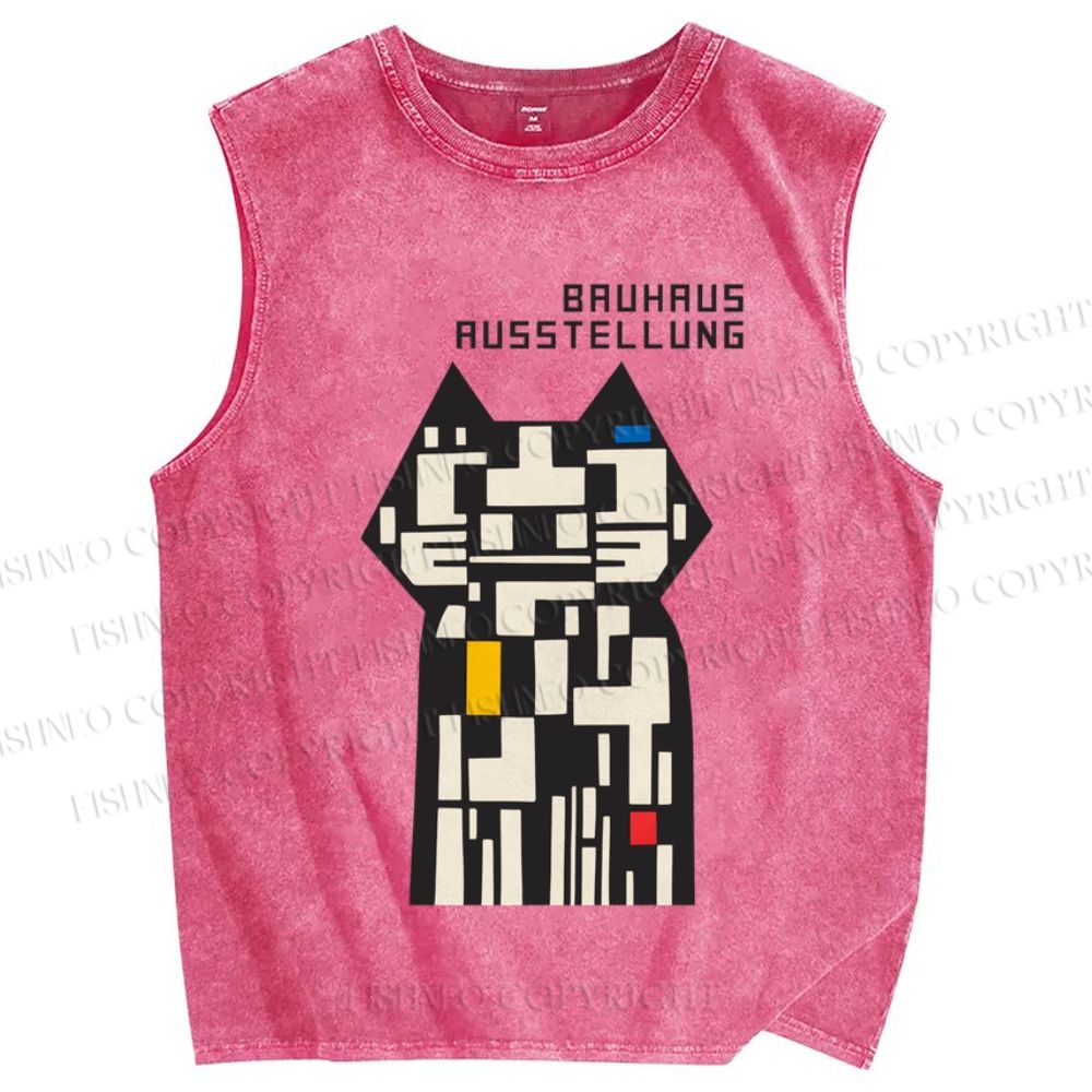 Unisex Bauhaus Cat Design Printed Washed Tank Top