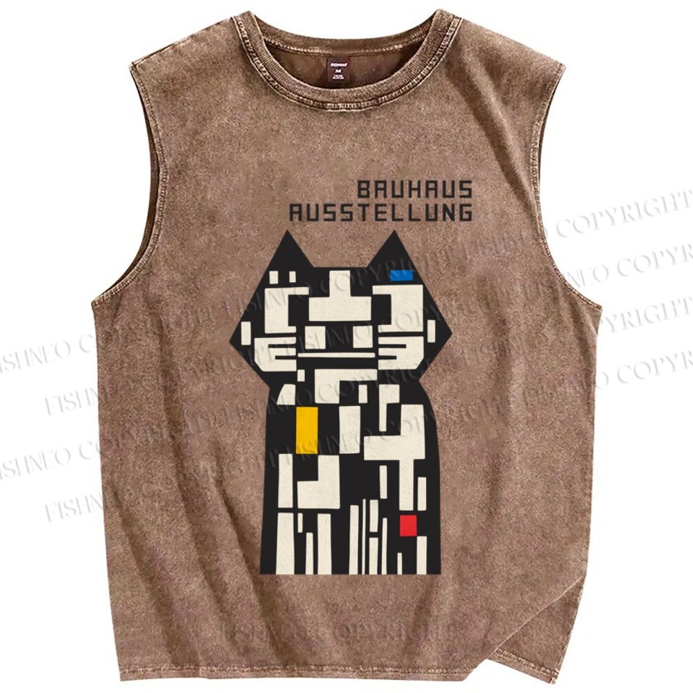 Unisex Bauhaus Cat Design Printed Washed Tank Top