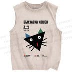 Unisex Funny Cat Printed Washed Tank Top