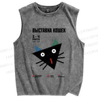 Unisex Funny Cat Printed Washed Tank Top
