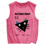 Unisex Funny Cat Printed Washed Tank Top