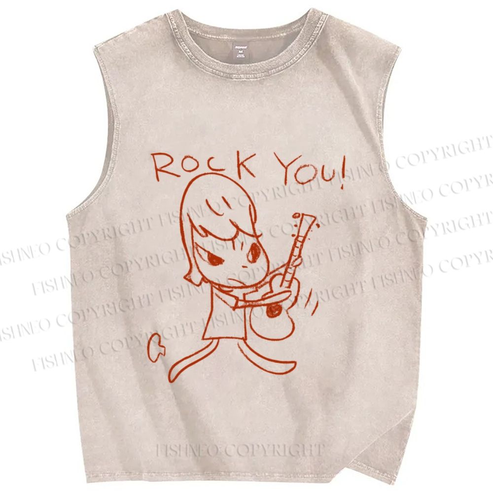 Unisex Japanese Art Yoshitomo Nara Rock You Printed Washed Tank Top