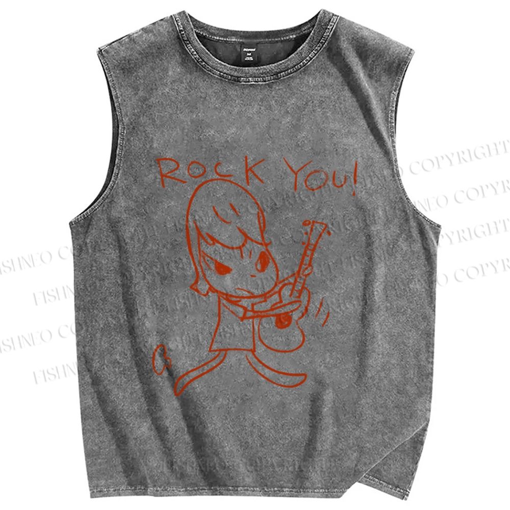 Unisex Japanese Art Yoshitomo Nara Rock You Printed Washed Tank Top
