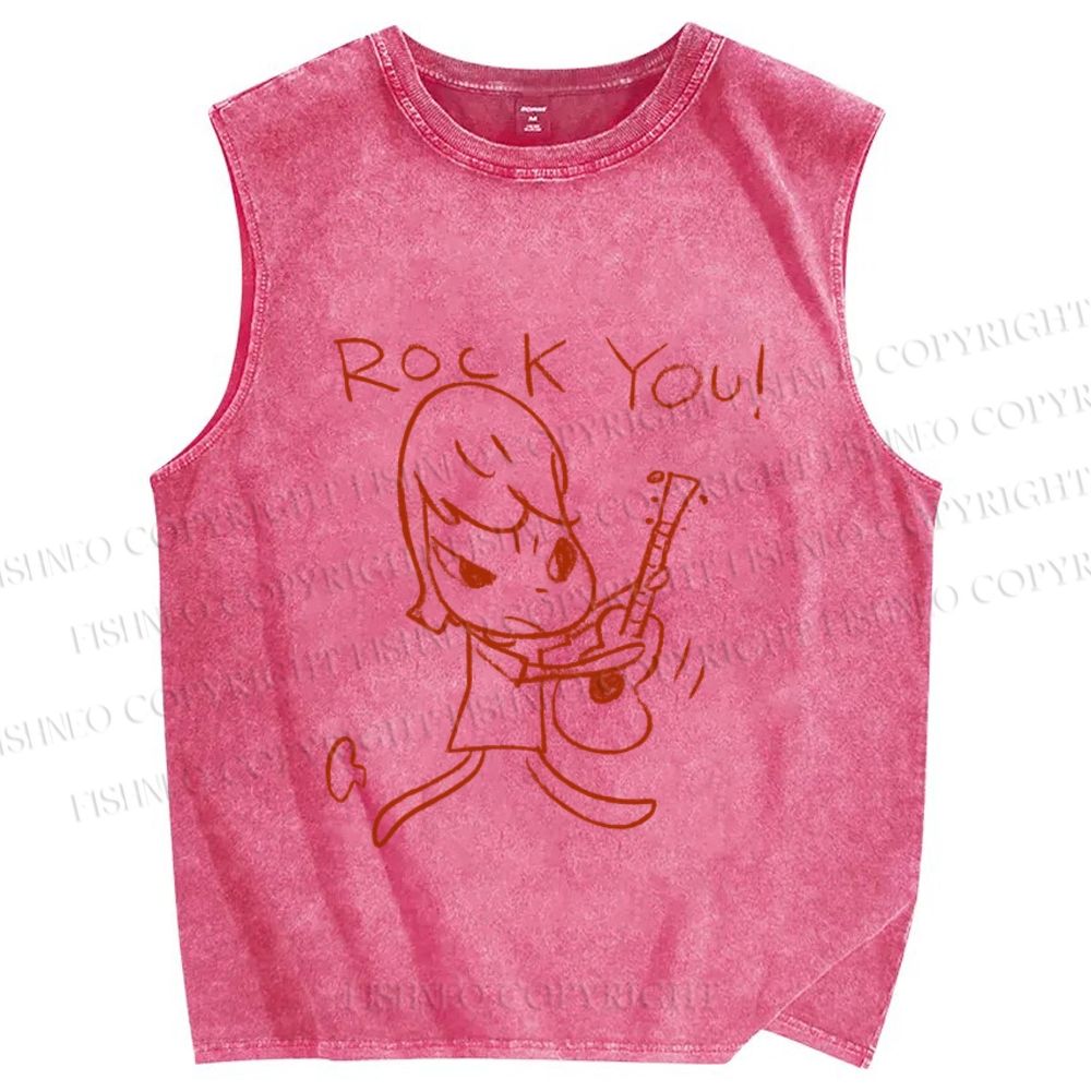 Unisex Japanese Art Yoshitomo Nara Rock You Printed Washed Tank Top