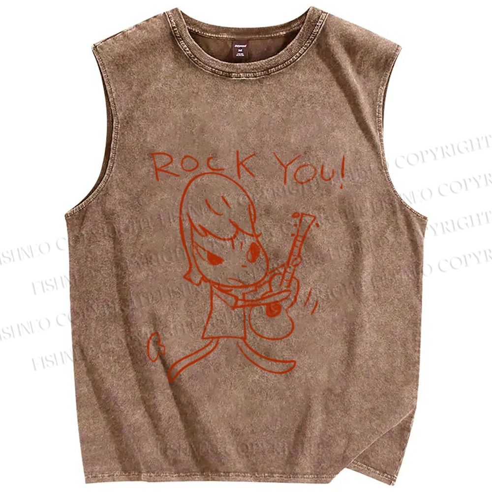 Unisex Japanese Art Yoshitomo Nara Rock You Printed Washed Tank Top
