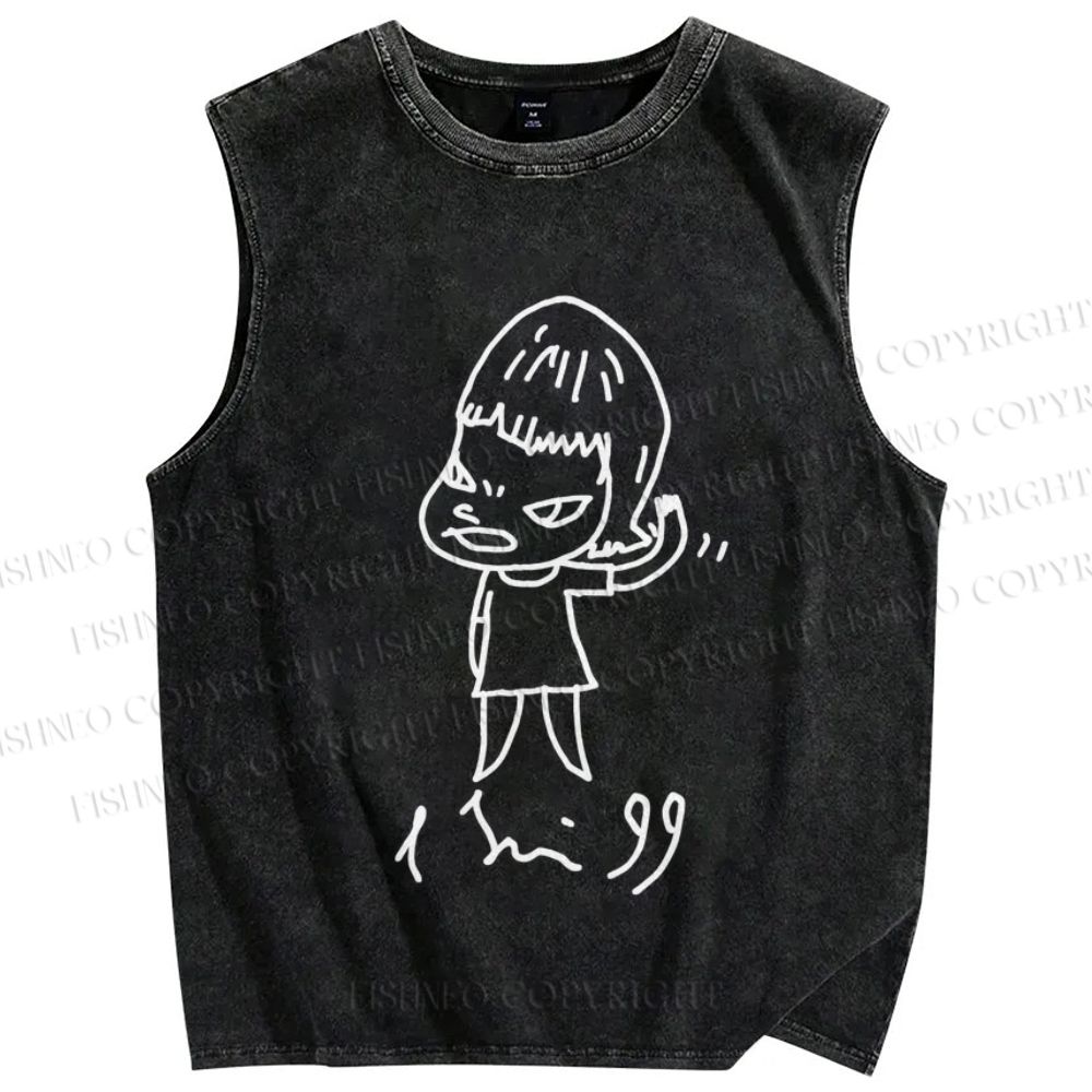 Unisex Japanese Art Yoshitomo Nara Printed Washed Tank Top