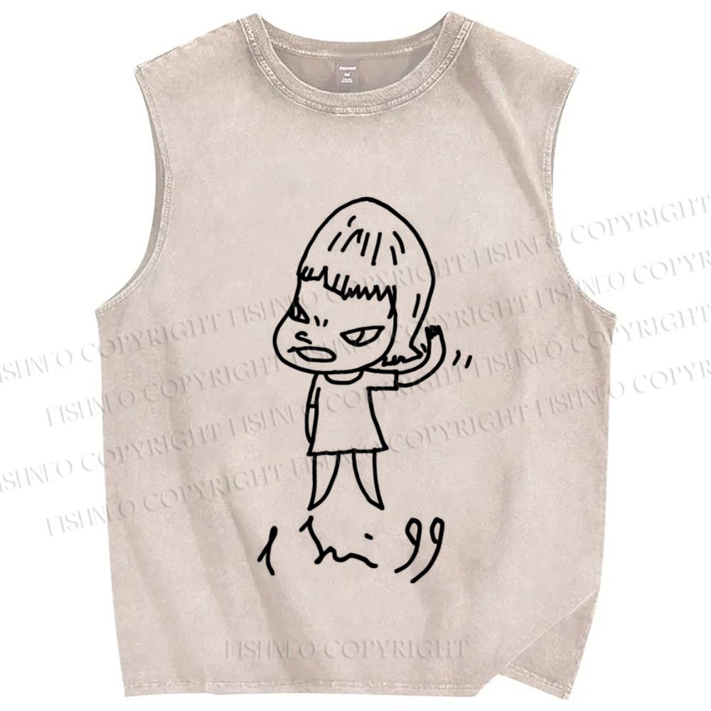 Unisex Japanese Art Yoshitomo Nara Printed Washed Tank Top