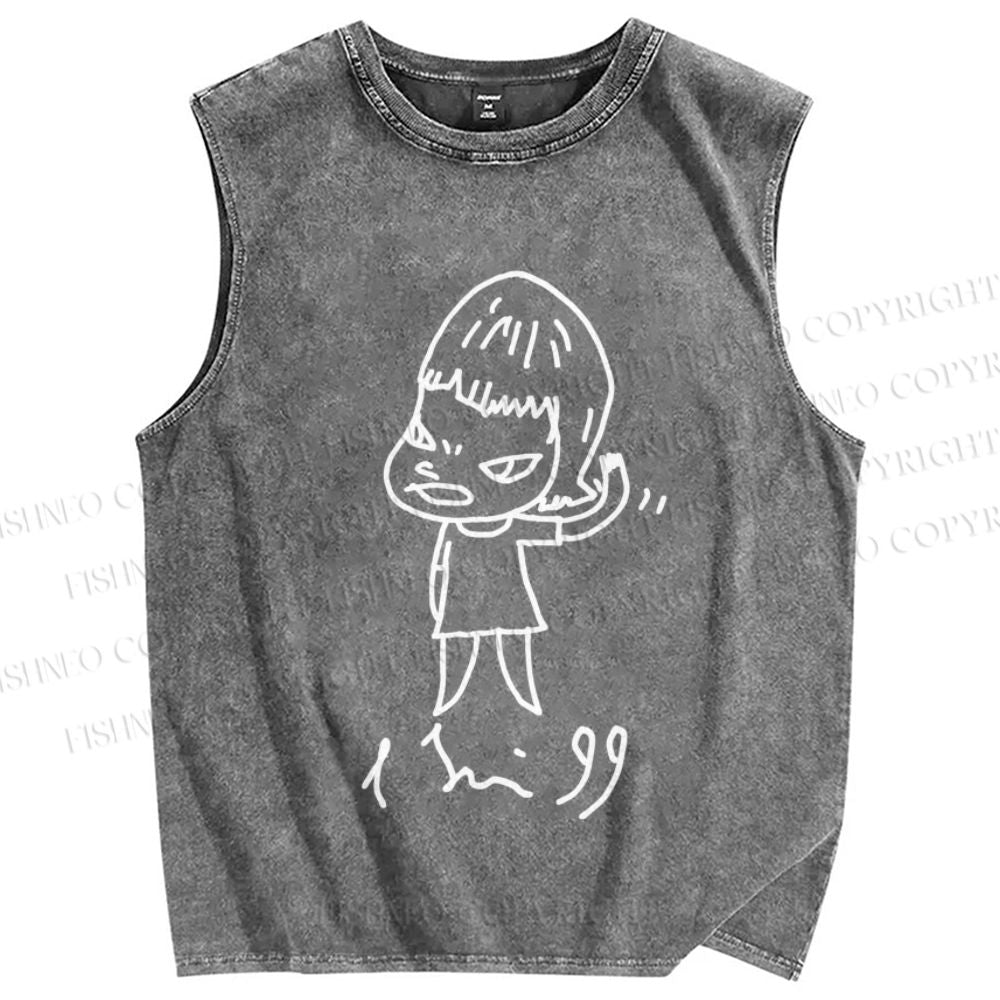 Unisex Japanese Art Yoshitomo Nara Printed Washed Tank Top