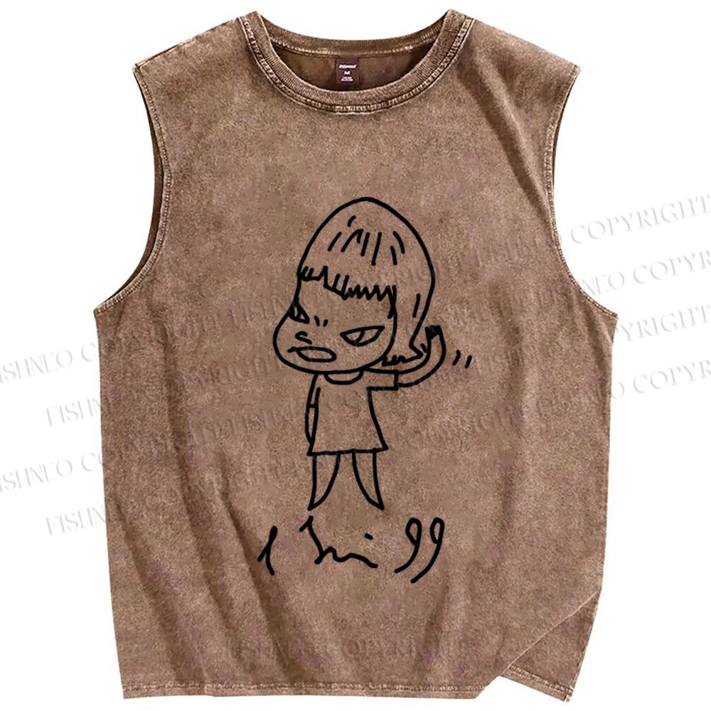 Unisex Japanese Art Yoshitomo Nara Printed Washed Tank Top