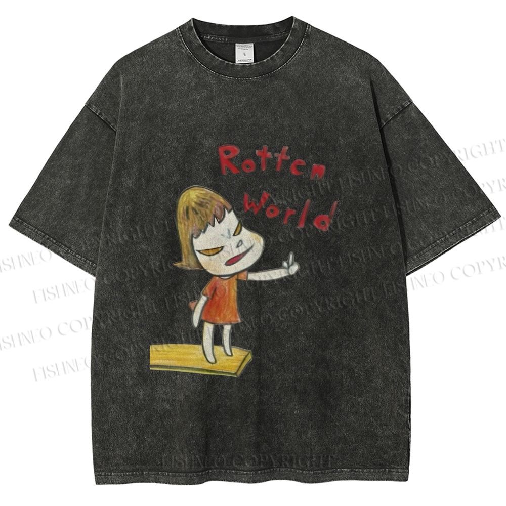 Unisex Japanese Art Yoshitomo Nara Rottcn World Printed Washed Tee