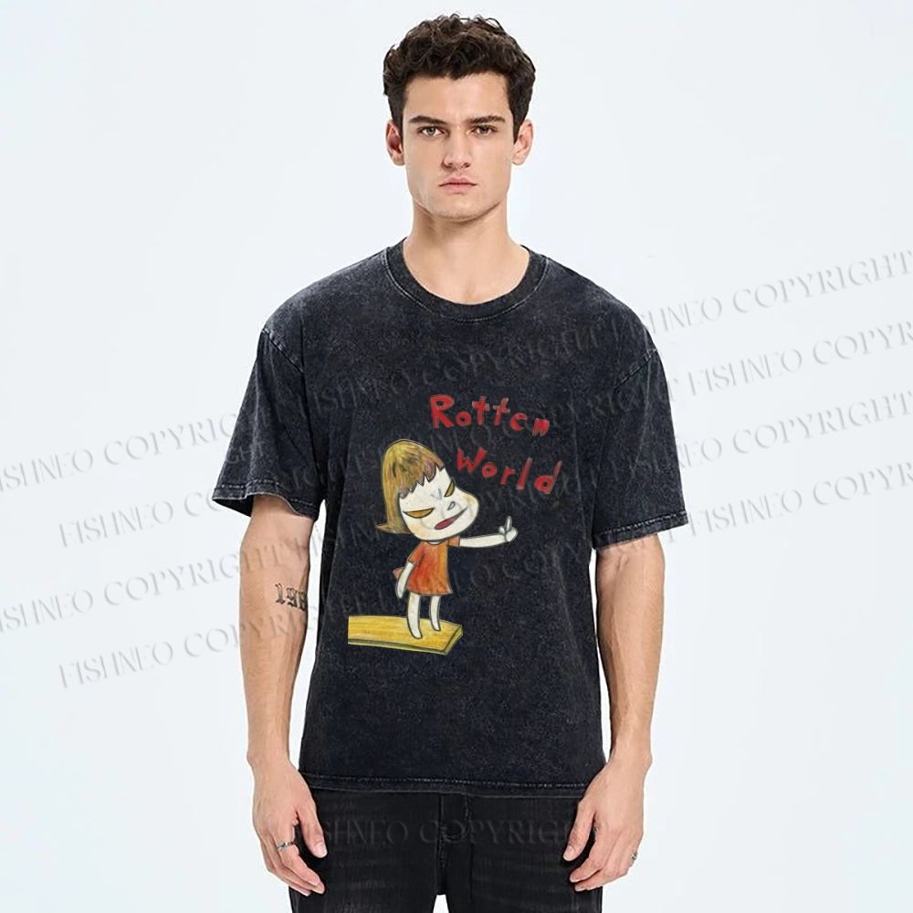 Unisex Japanese Art Yoshitomo Nara Rottcn World Printed Washed Tee