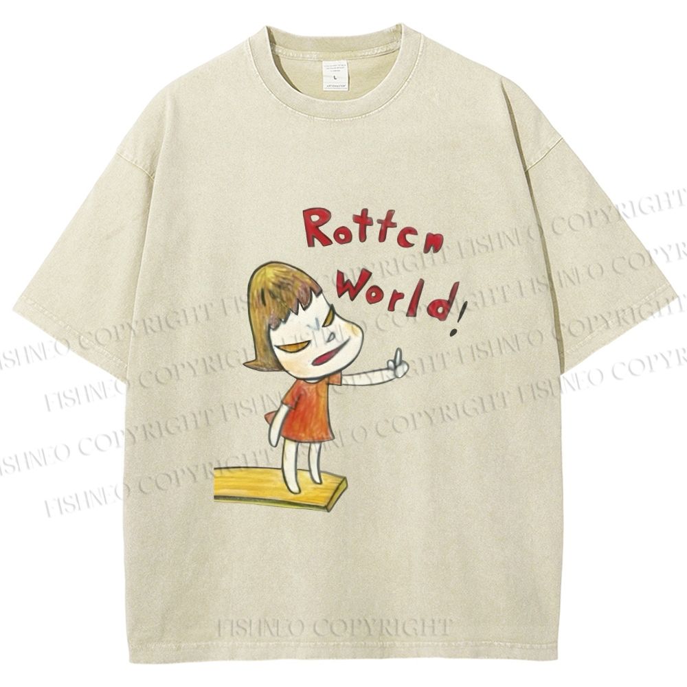 Unisex Japanese Art Yoshitomo Nara Rottcn World Printed Washed Tee