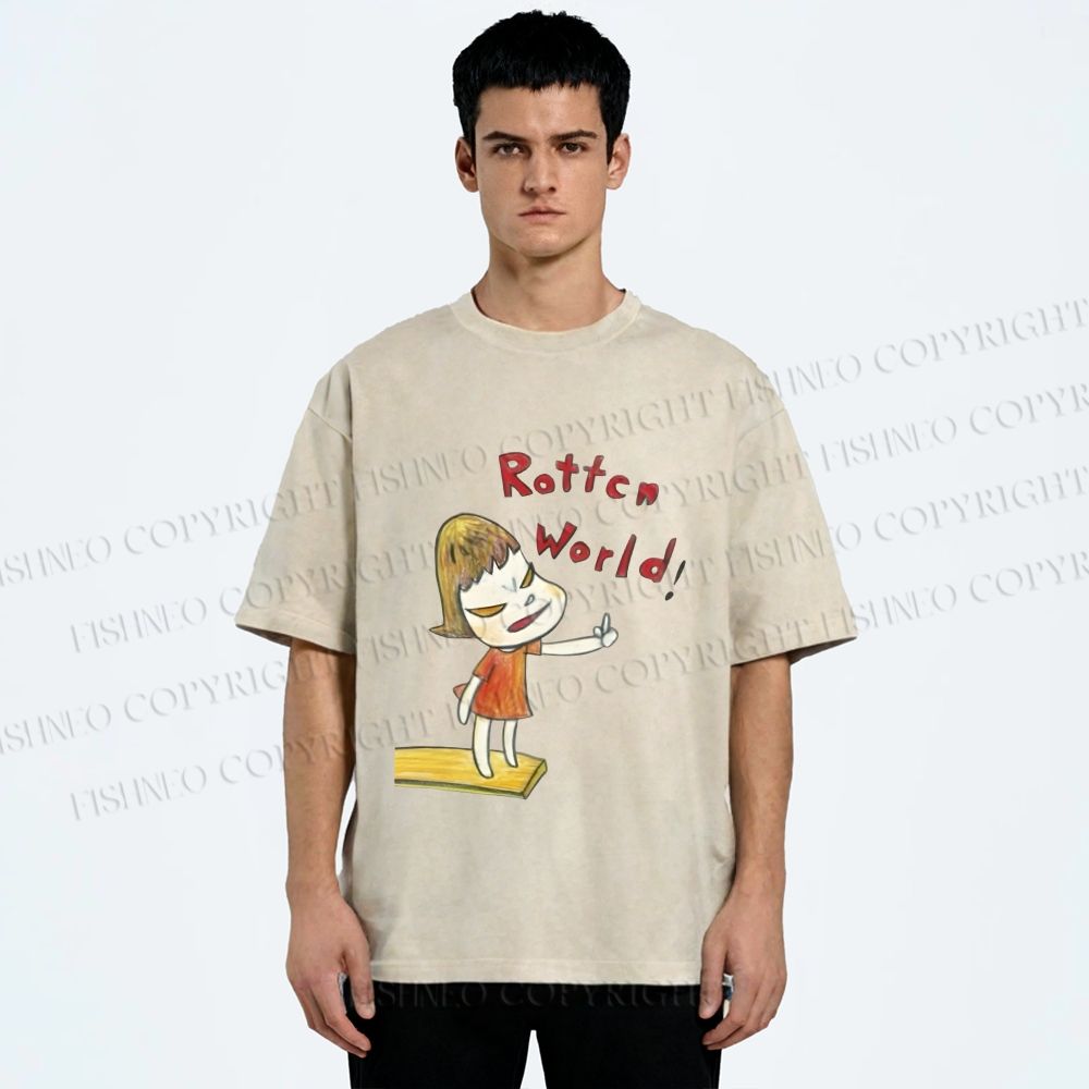 Unisex Japanese Art Yoshitomo Nara Rottcn World Printed Washed Tee
