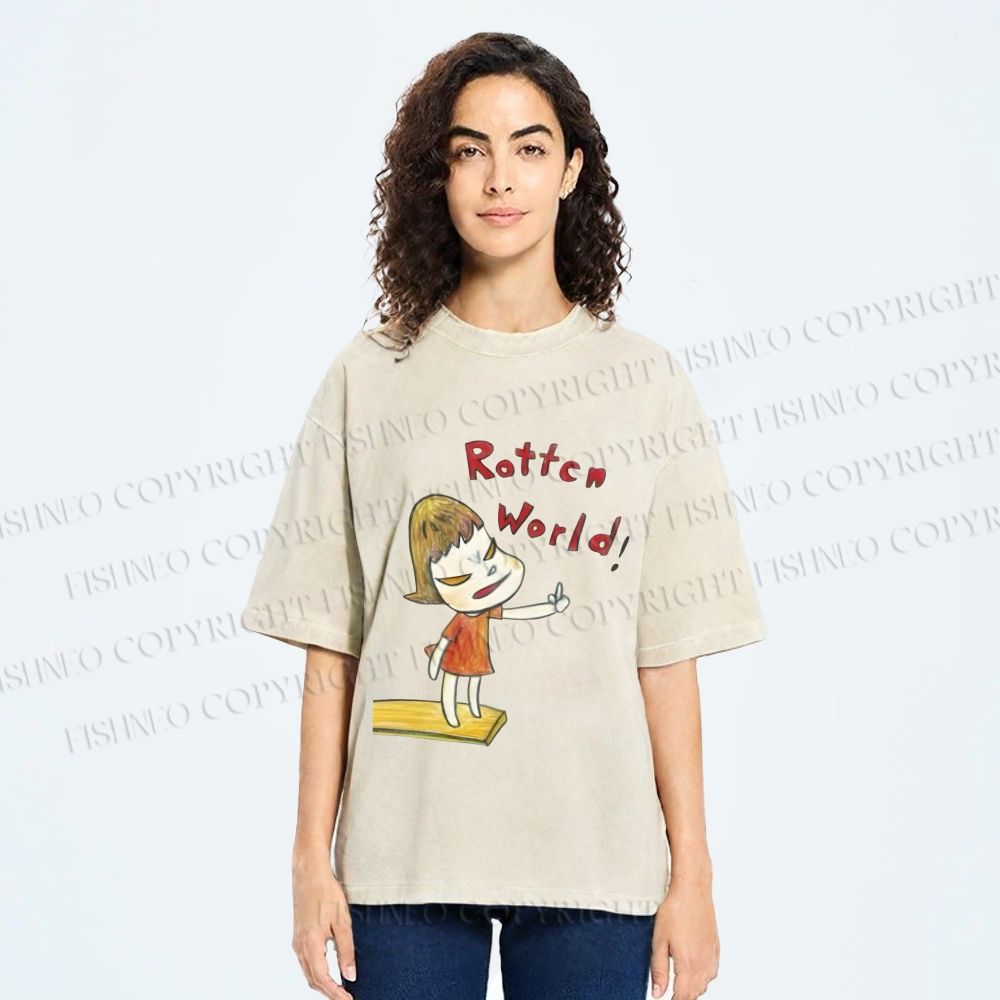 Unisex Japanese Art Yoshitomo Nara Rottcn World Printed Washed Tee
