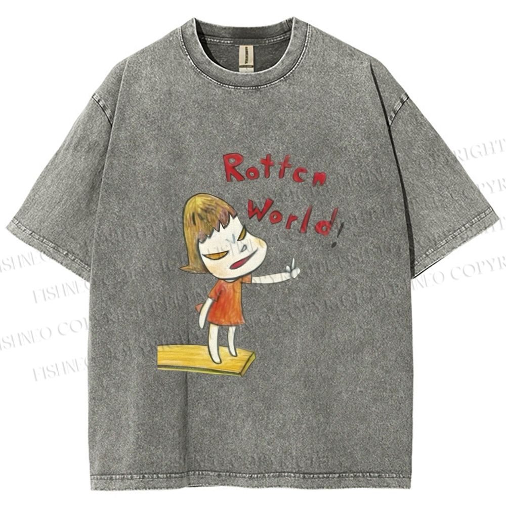 Unisex Japanese Art Yoshitomo Nara Rottcn World Printed Washed Tee