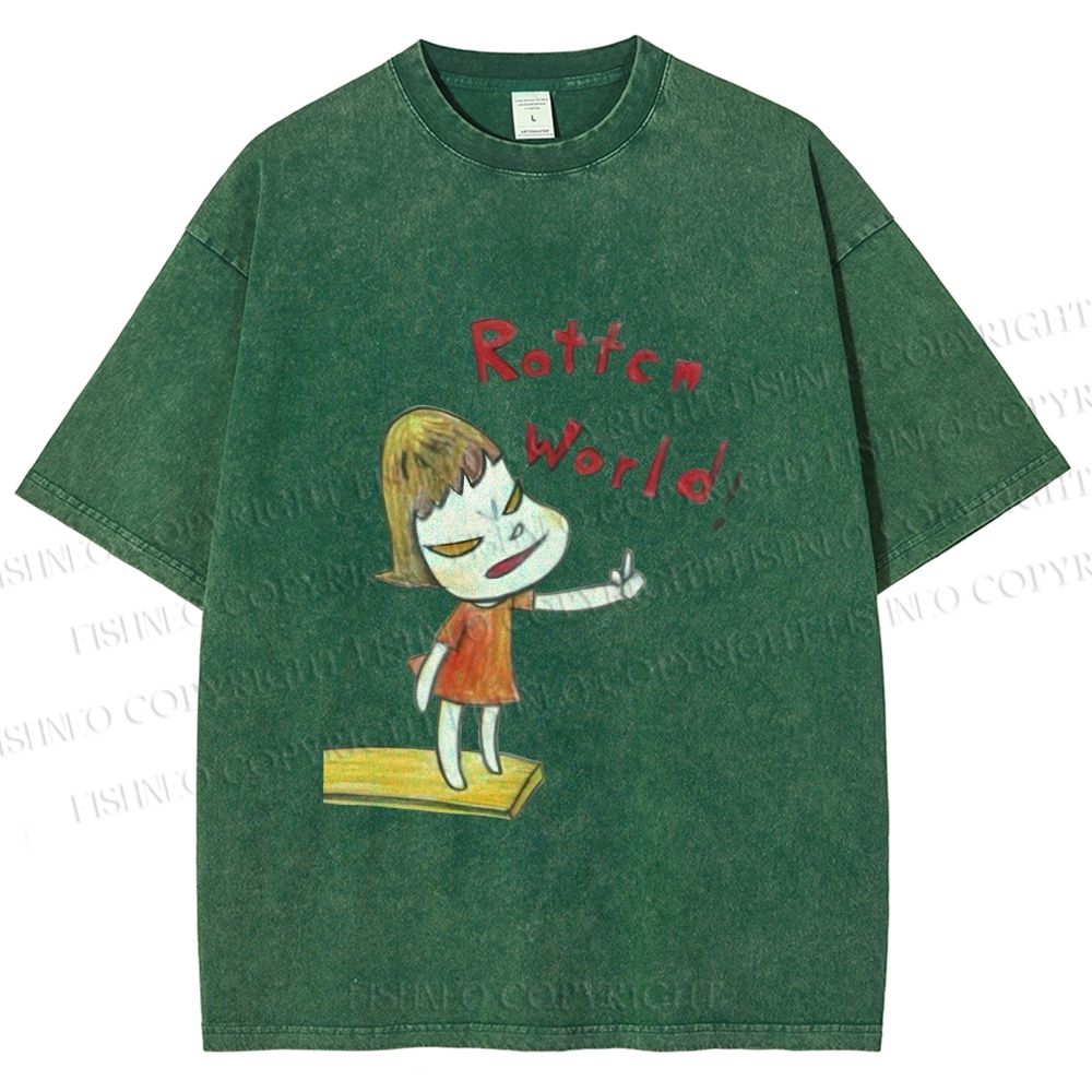 Unisex Japanese Art Yoshitomo Nara Rottcn World Printed Washed Tee