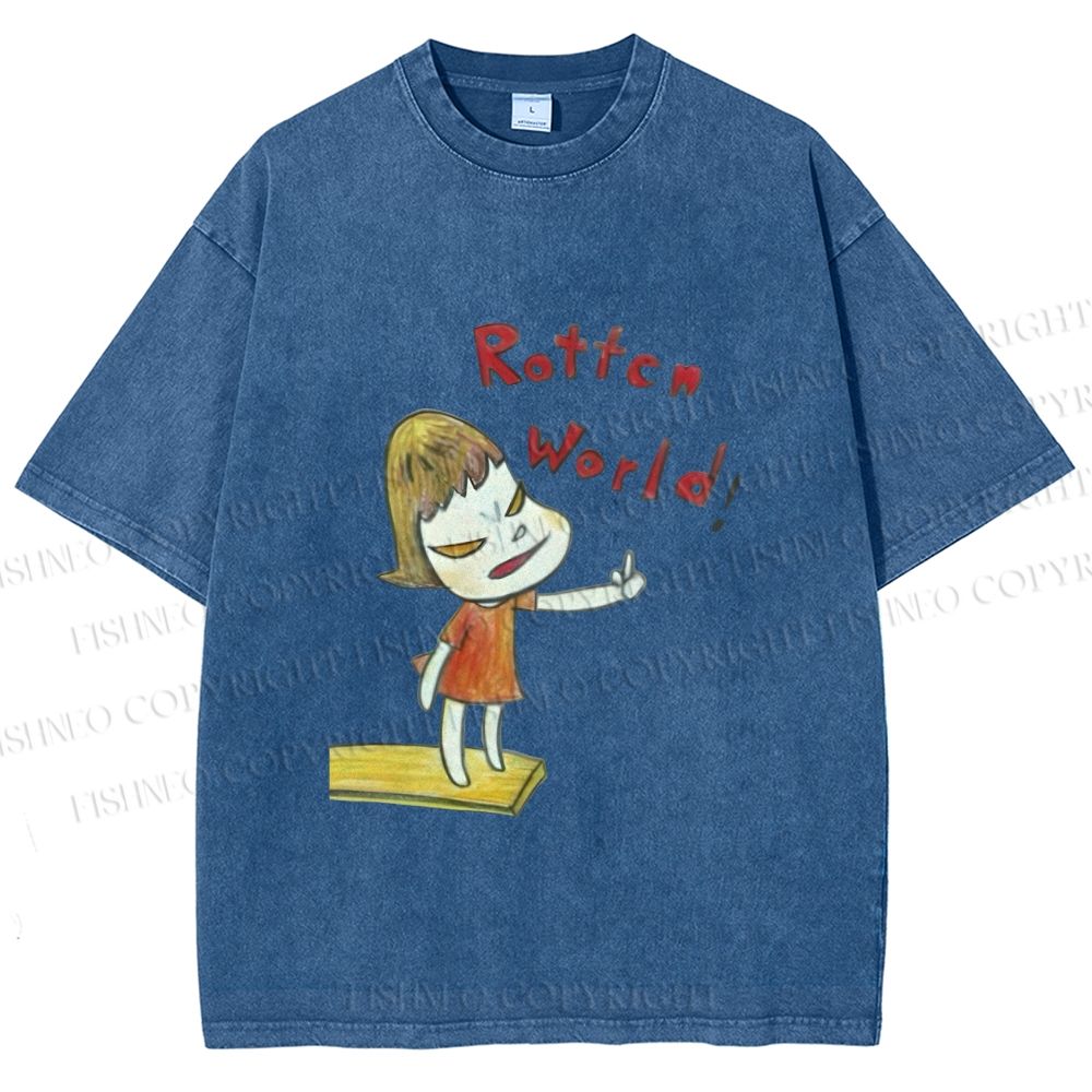 Unisex Japanese Art Yoshitomo Nara Rottcn World Printed Washed Tee