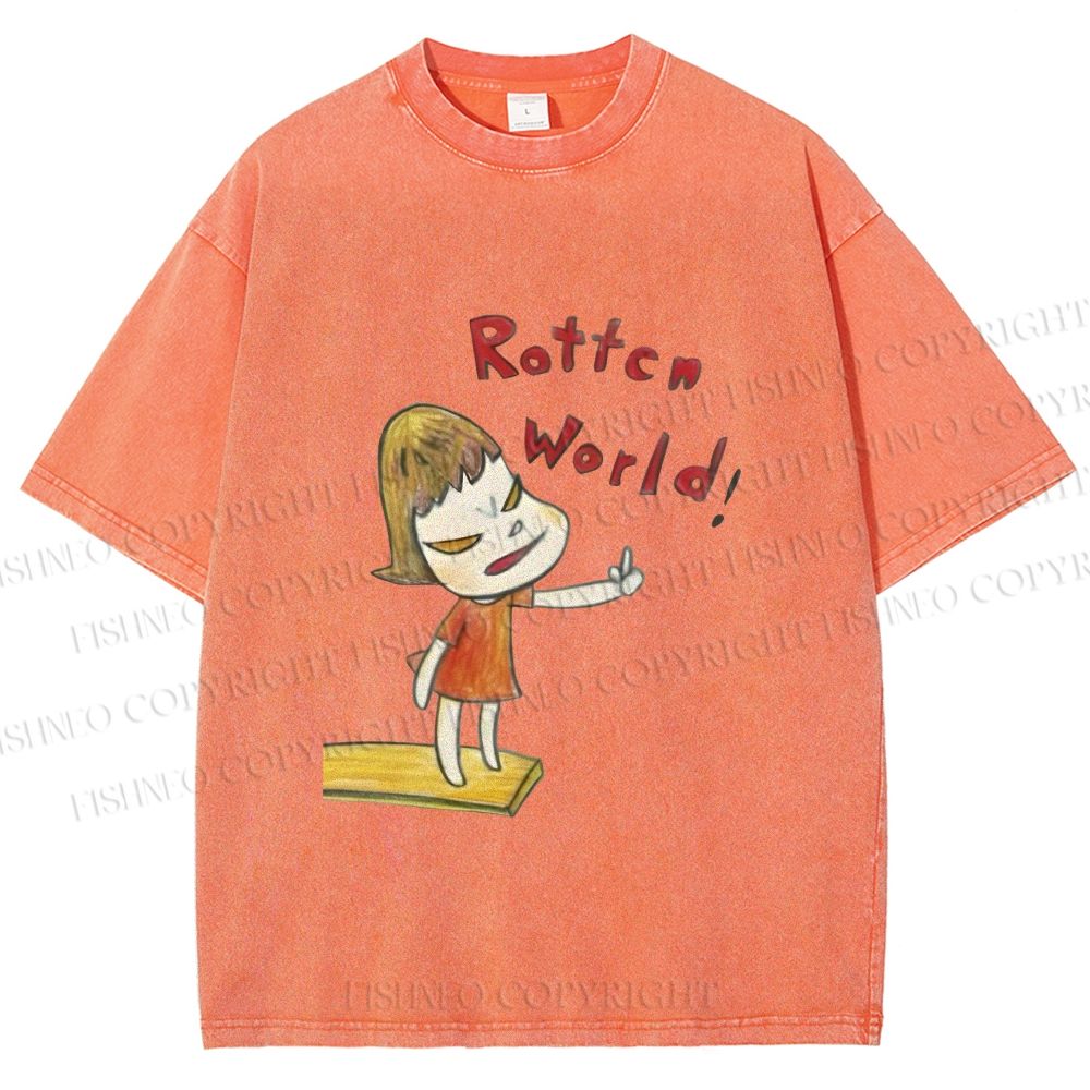 Unisex Japanese Art Yoshitomo Nara Rottcn World Printed Washed Tee