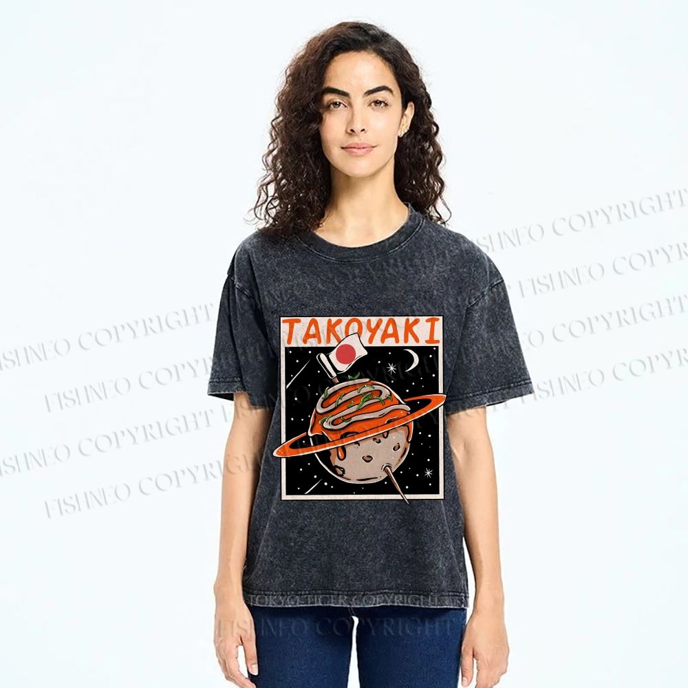Unisex Japanese Planet Graffiti Printed Washed Tee
