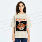 Unisex Japanese Planet Graffiti Printed Washed Tee
