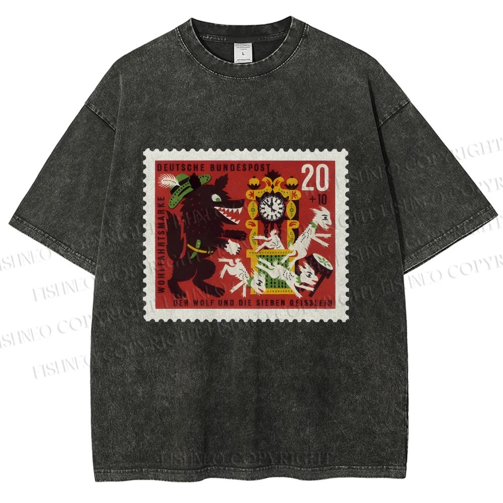 Unisex Vintage Wolf Stamp Printed Washed Tee