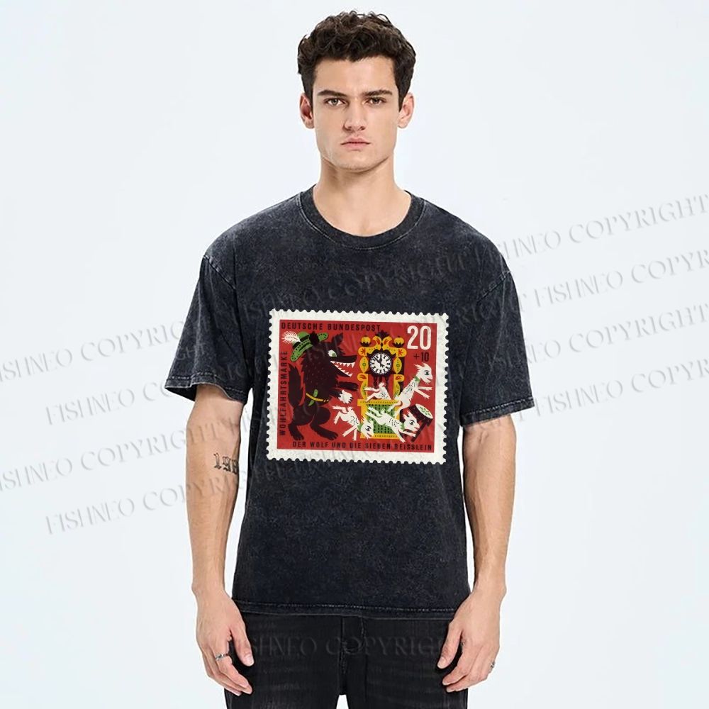 Unisex Vintage Wolf Stamp Printed Washed Tee