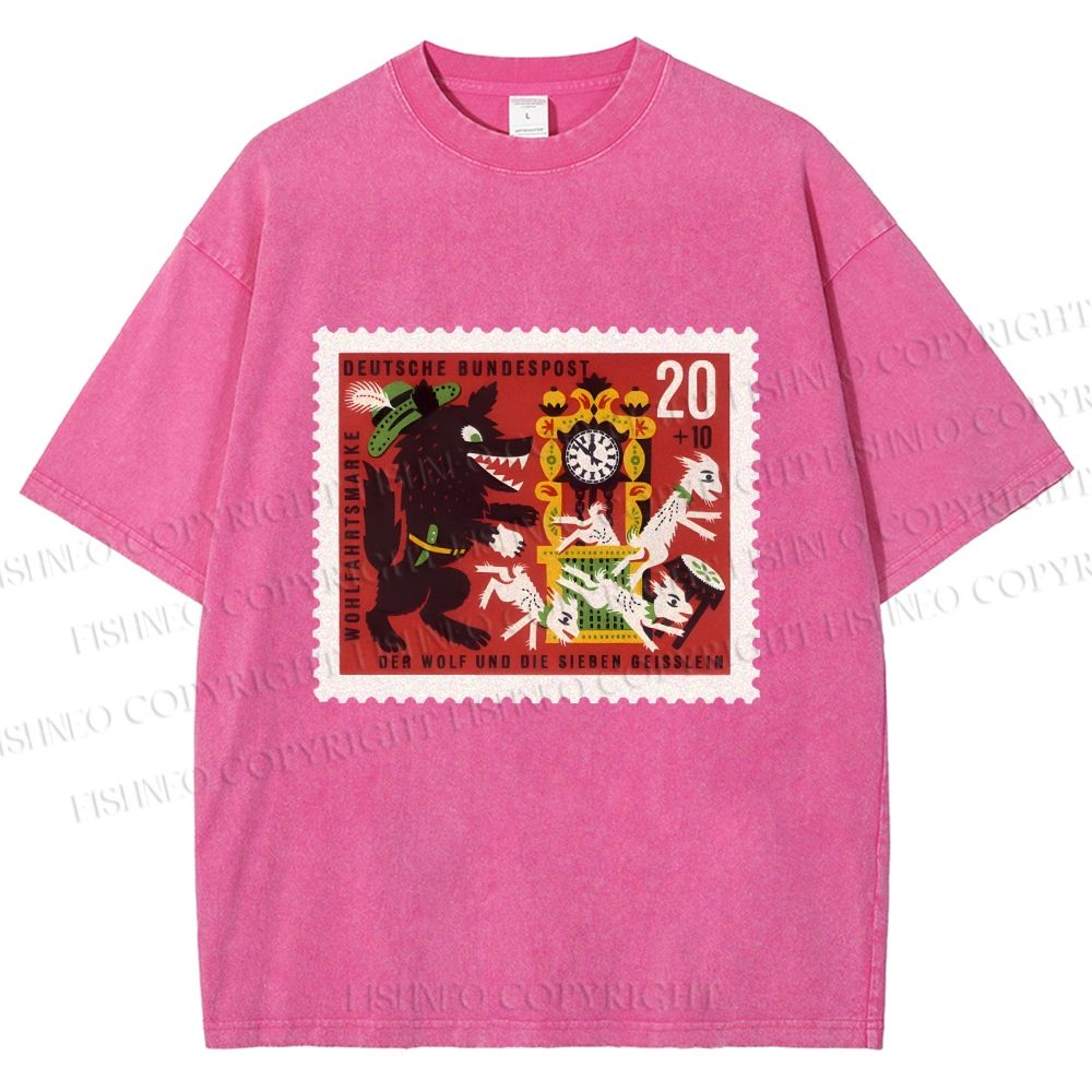 Unisex Vintage Wolf Stamp Printed Washed Tee