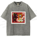 Unisex Vintage Wolf Stamp Printed Washed Tee