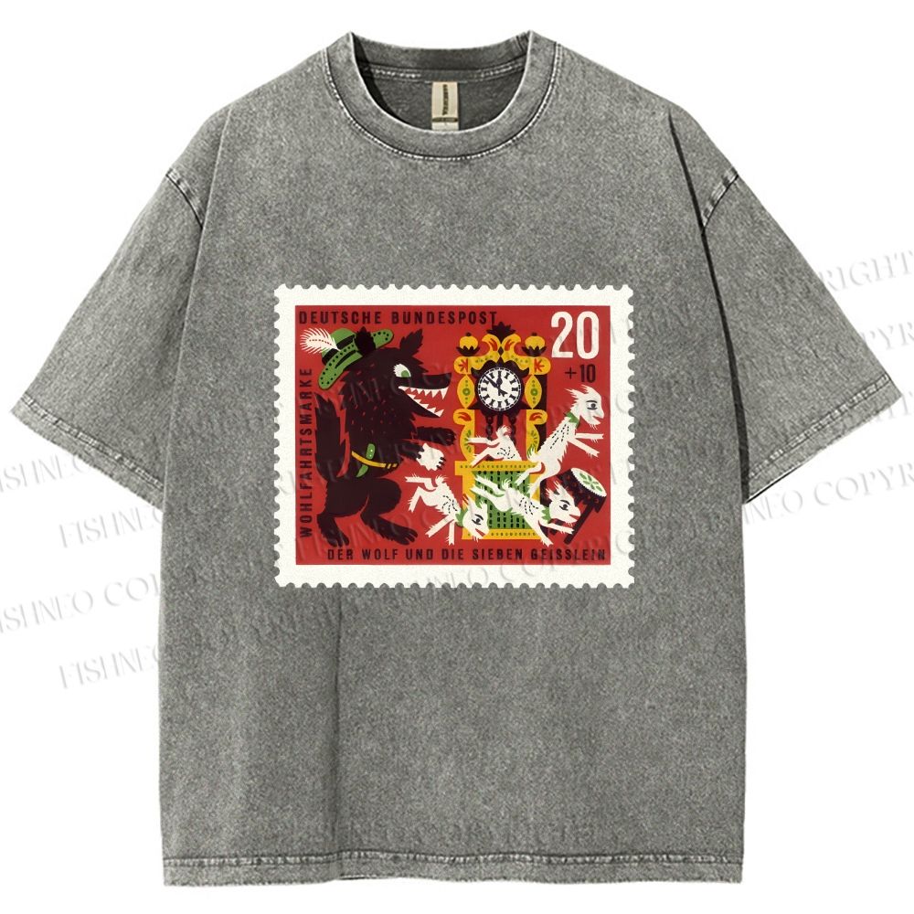 Unisex Vintage Wolf Stamp Printed Washed Tee